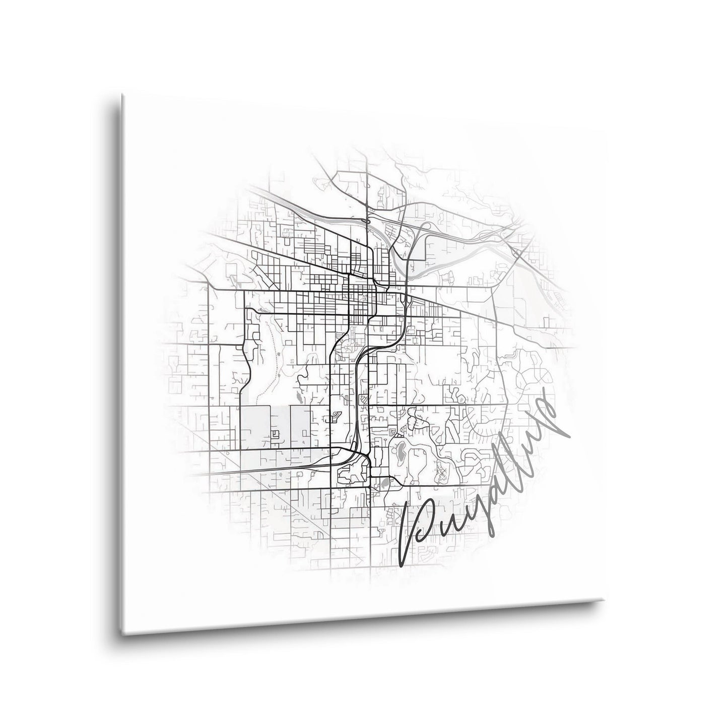 Minimalistic B&W Washington Puyallup Circle Map | Hi-Def Glass Art | Eaches | Min 2