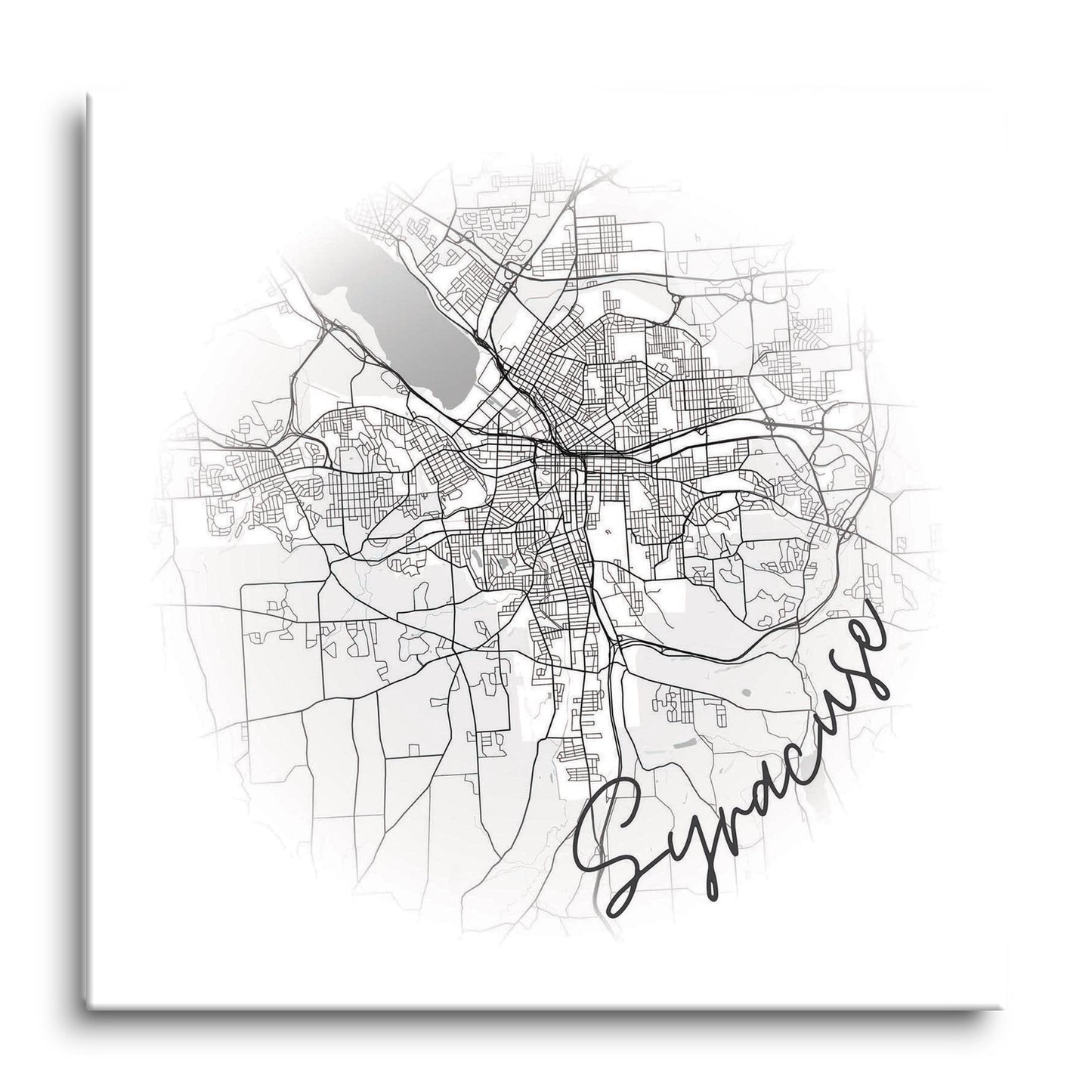 Minimalistic B&W New York Syracuse Faded Circle Map | Hi-Def Glass Art | Eaches | Min 1