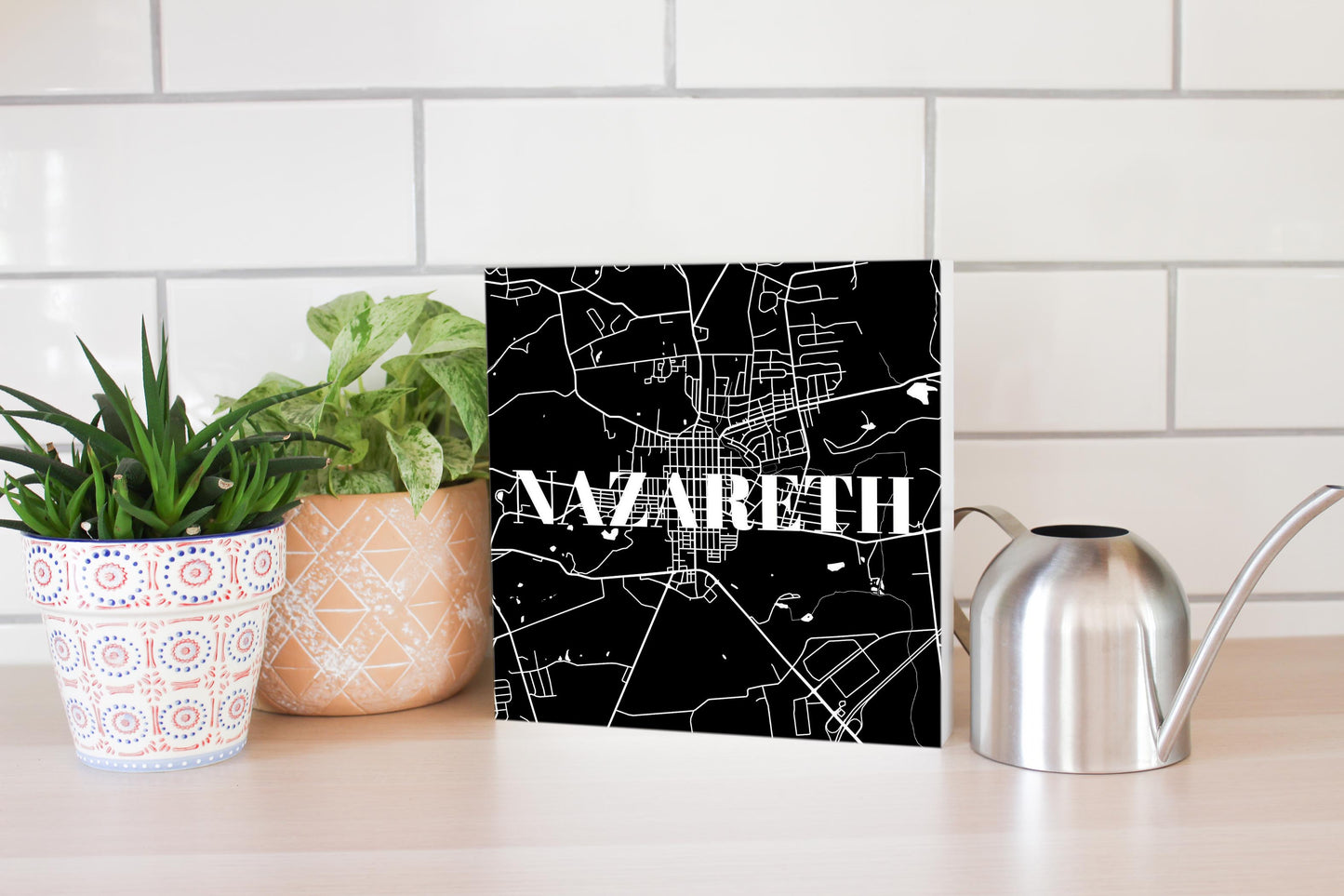 Minimalistic B&W Pennsylvania Nazareth Map | Wood Block | Eaches | Min 2