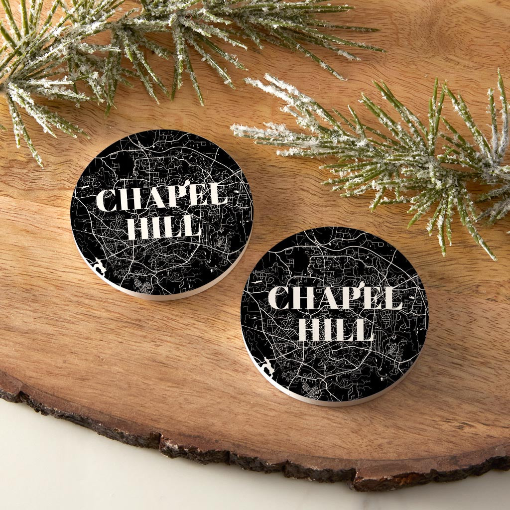 Minimalistic B&W North Carolina Chapel Hill Map | Absorbent Car Coasters | Set of 2 | Min 4