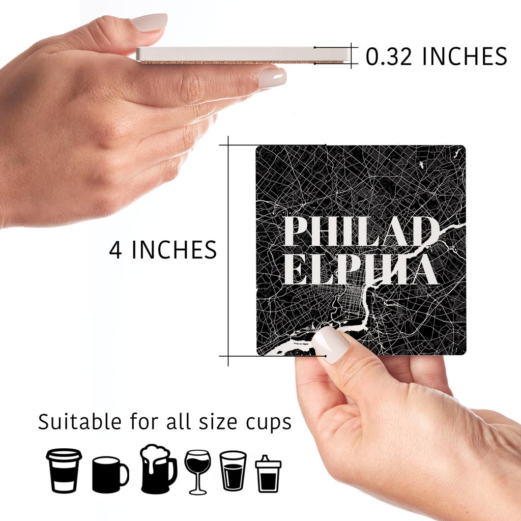 Minimalistic B&W Pennsylvania Philadelphia Map | Absorbent Coasters | Set of 4 | Min 2