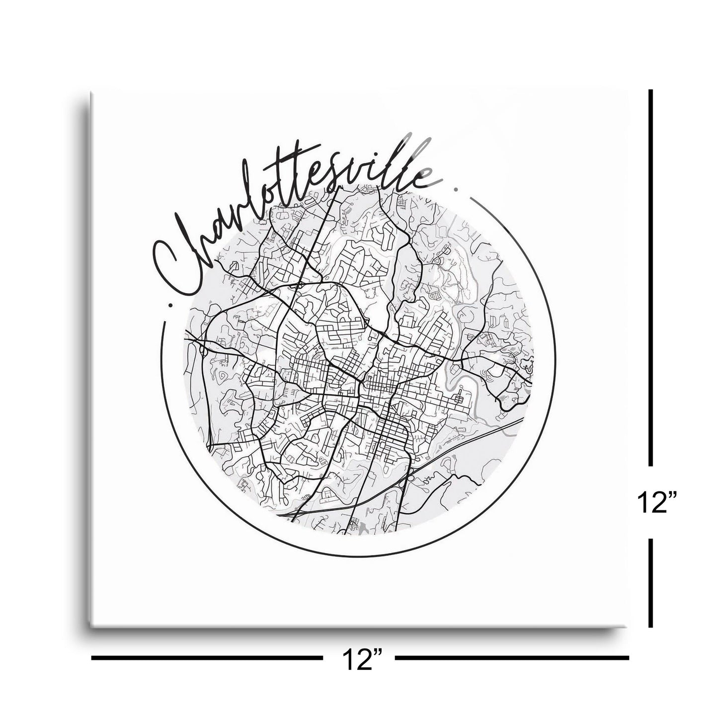 Minimalistic B&W Virginia Charlottesville Circle Map | Hi-Def Glass Art | Eaches | Min 1