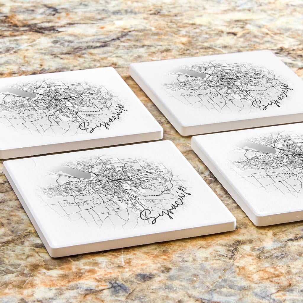 Minimalistic B&W New York Syracuse Faded Circle Map | Absorbent Coasters | Set of 4 | Min 2