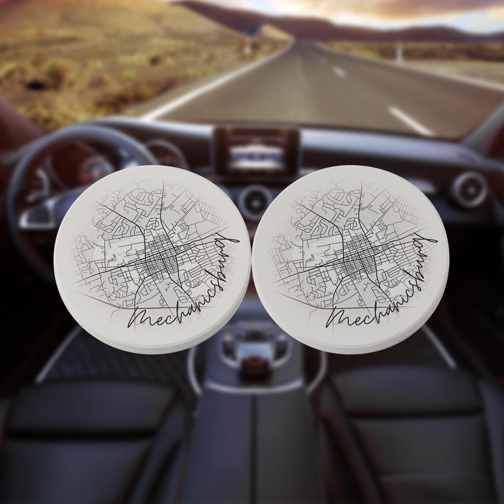 Minimalistic B&W Pennsylvania Mechanicsburg Circle Map | Absorbent Car Coasters | Set of 2 | Min 4