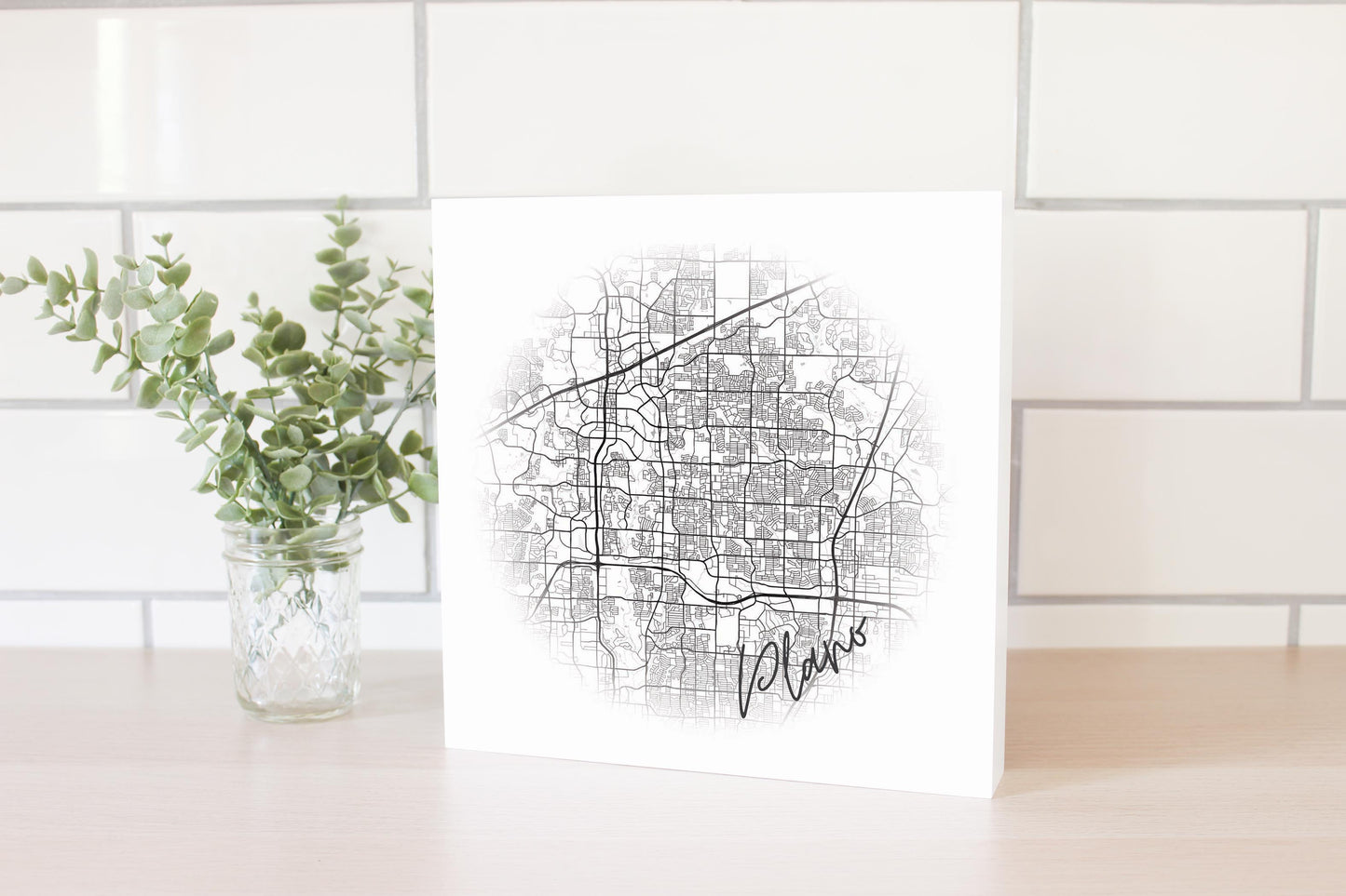 Minimalistic B&W Texas Plano Circle Map | Wood Block | Eaches | Min 2