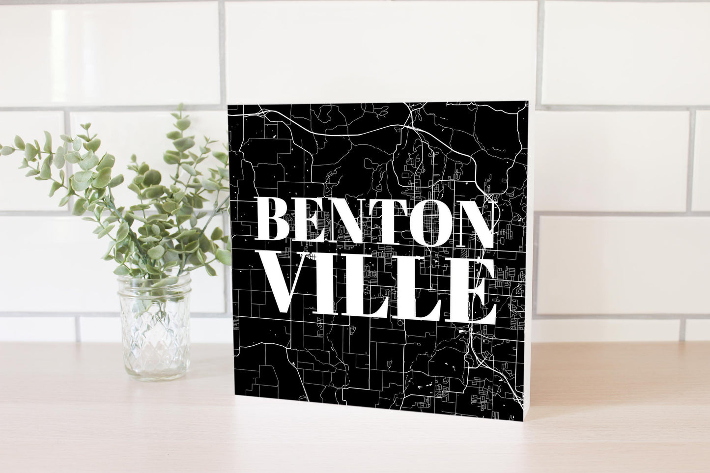 Minimalist B&W Arkansas Bentonville Map | Wood Block | Eaches | Min 2