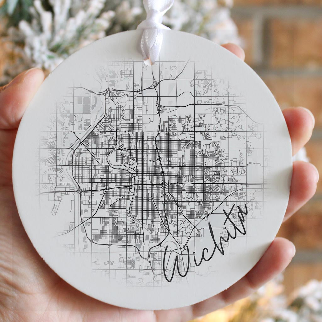 Minimalistic B&W Kansas Wichita Circle Map | Wood Ornament | Eaches | Min 6