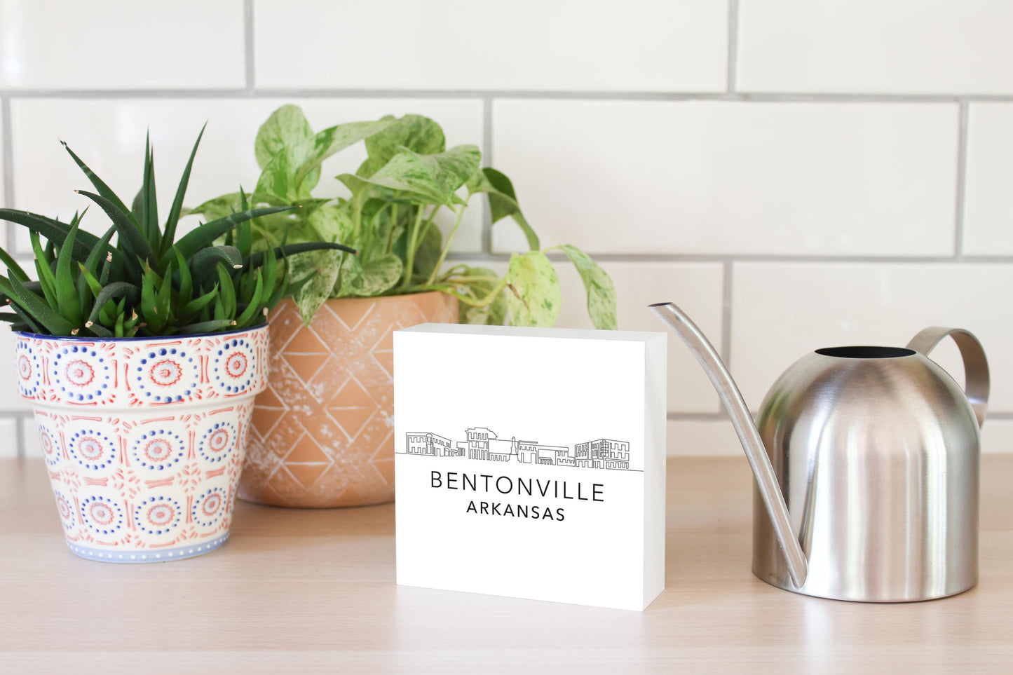 Minimalist B&W Arkansas Bentonville Skyline | Wood Block | Eaches | Min 4