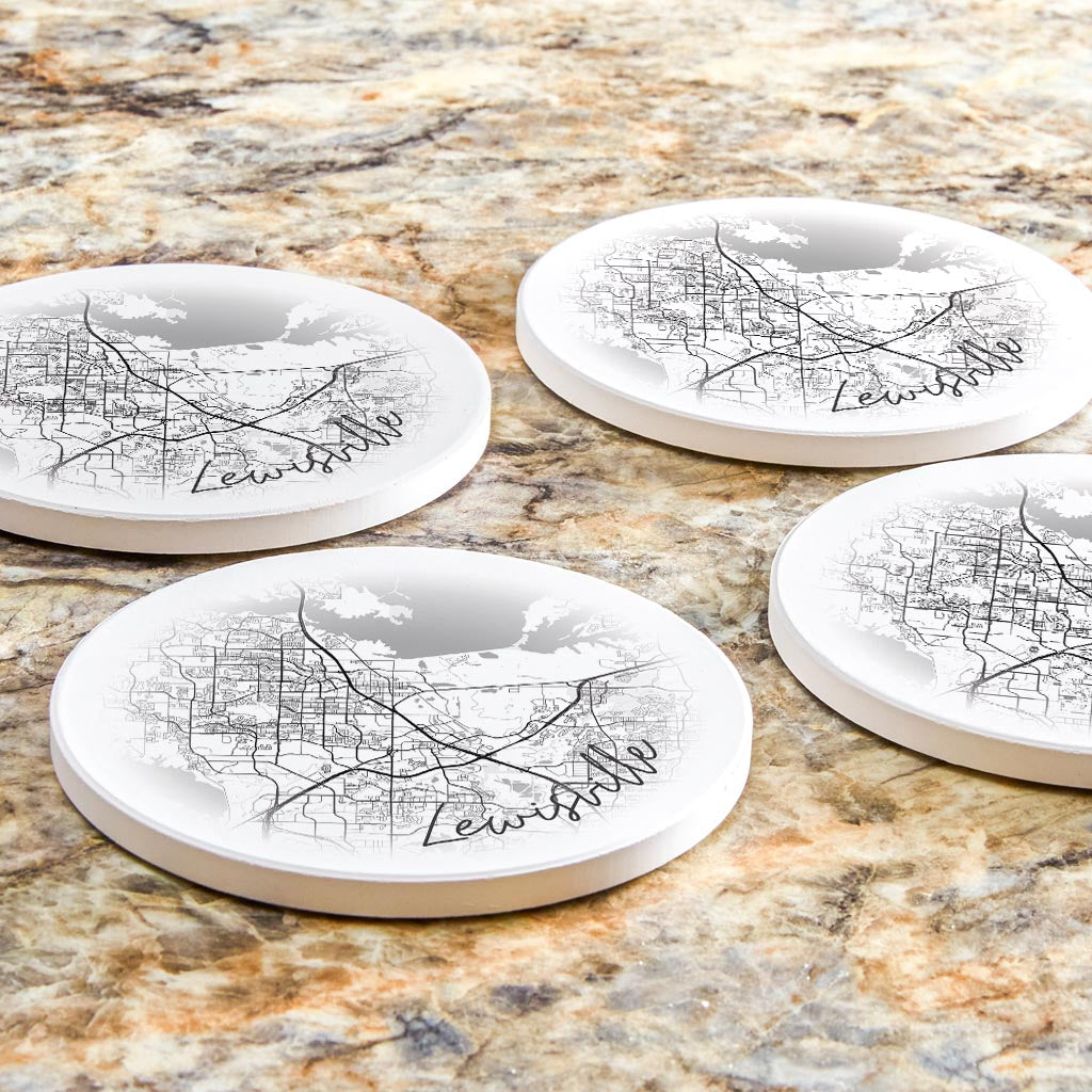Minimalistic B&W Texas Lewisville Circle Map | Absorbent Coasters | Set of 4 | Min 2