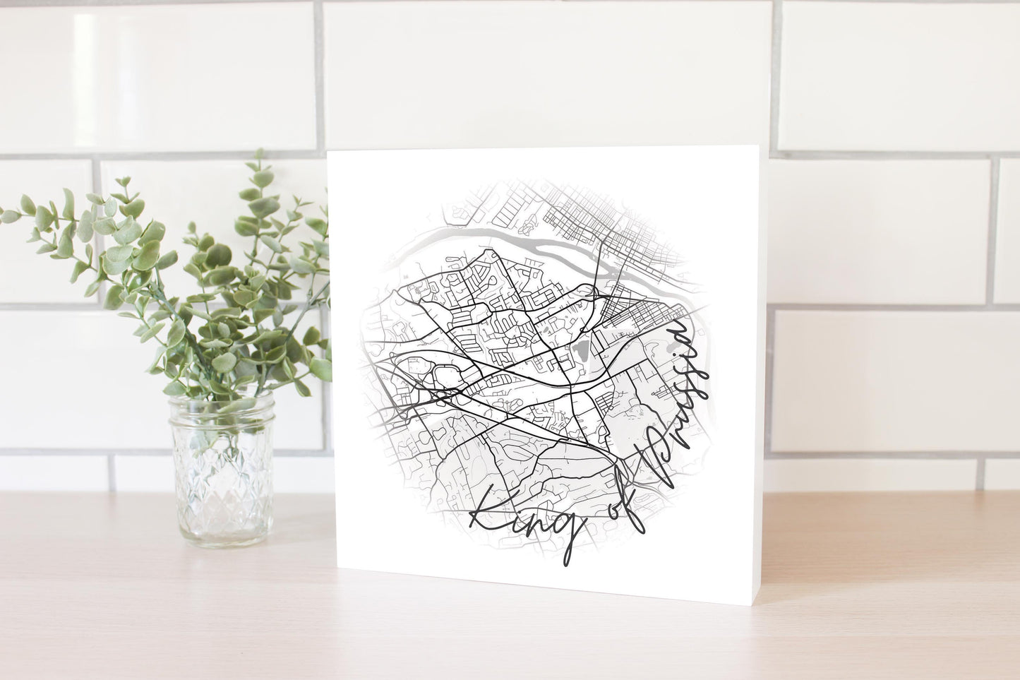 Minimalistic B&W Pennsylvania King Of Prussia Circle Map | Wood Block | Eaches | Min 2