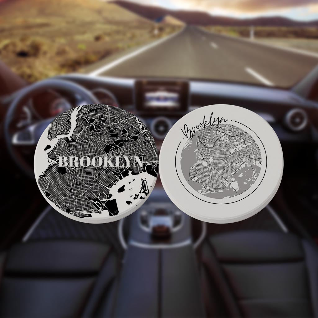 Minimalistic B&W New York Brooklyn Maps | Absorbent Car Coasters | Set of 2 | Min 4