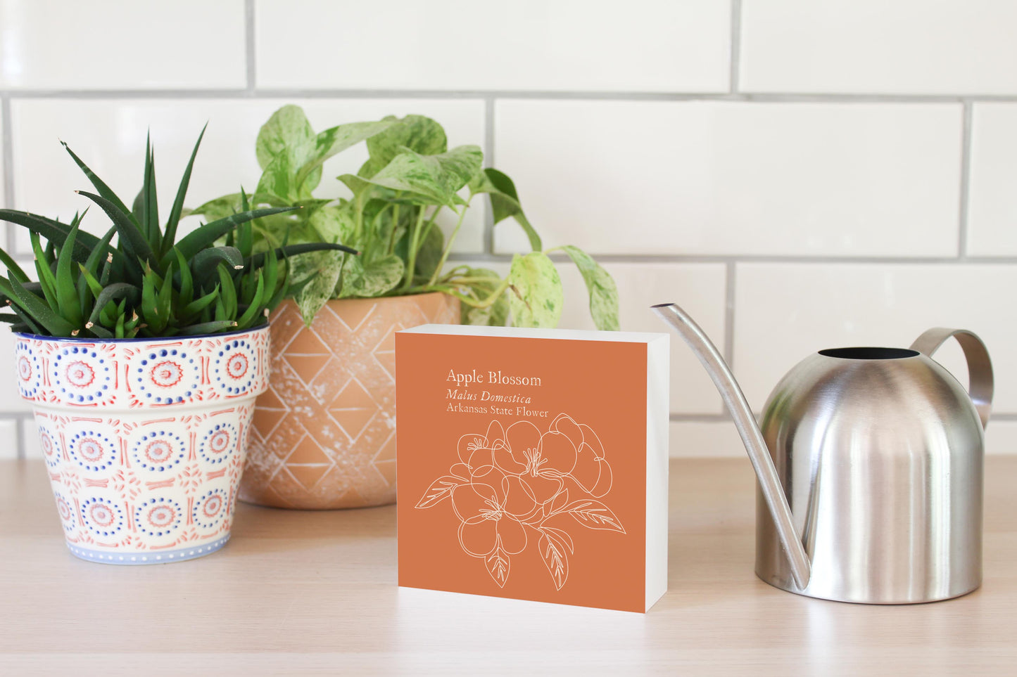 Modern Minimalist Arkansas Single Line Apple Blossoms | Wood Block | Eaches | Min 4
