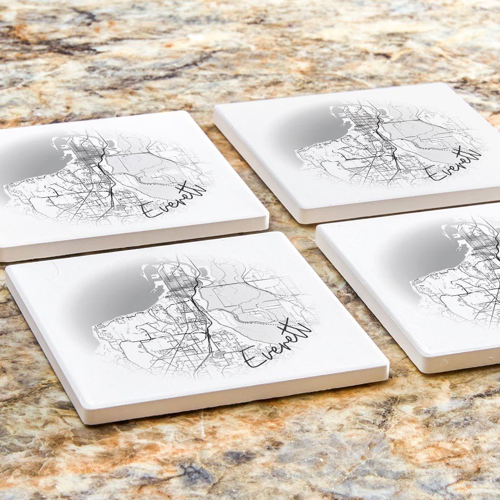 Minimalistic B&W Washington Everett Circle Map | Absorbent Coasters | Set of 4 | Min 2