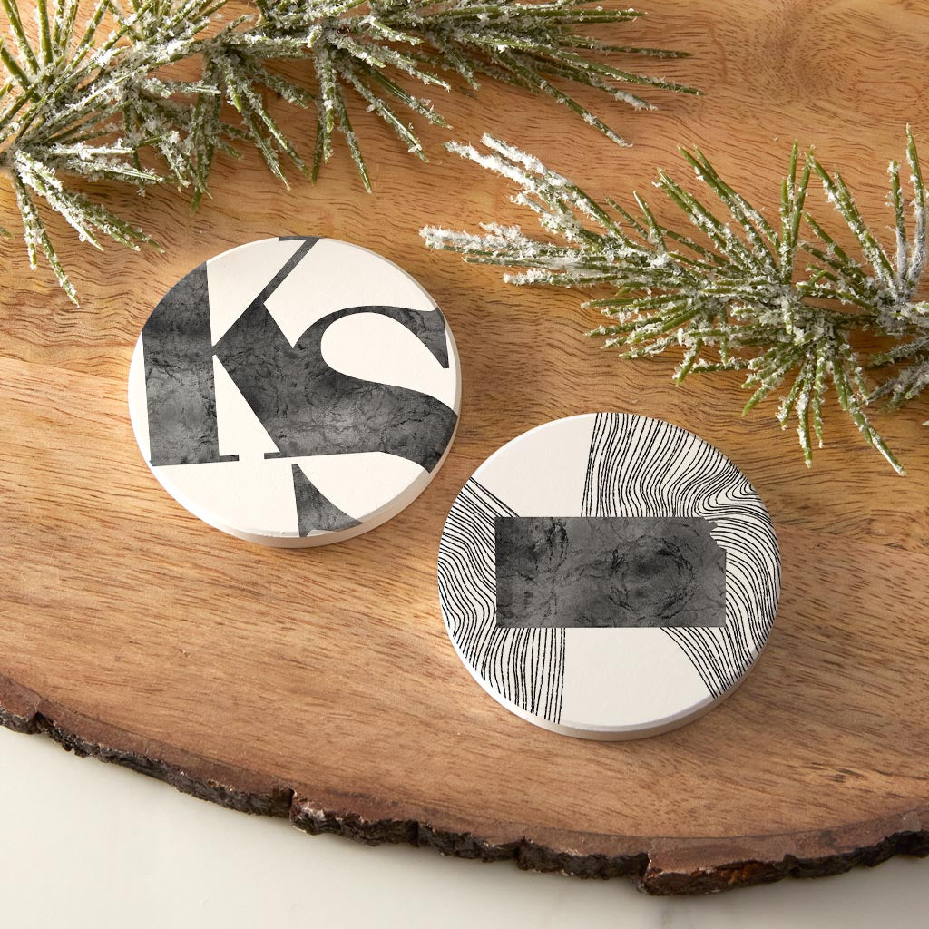 Minimalist B&W Kansas White Initials And State| Absorbent Car Coasters | Set of 2 | Min 4