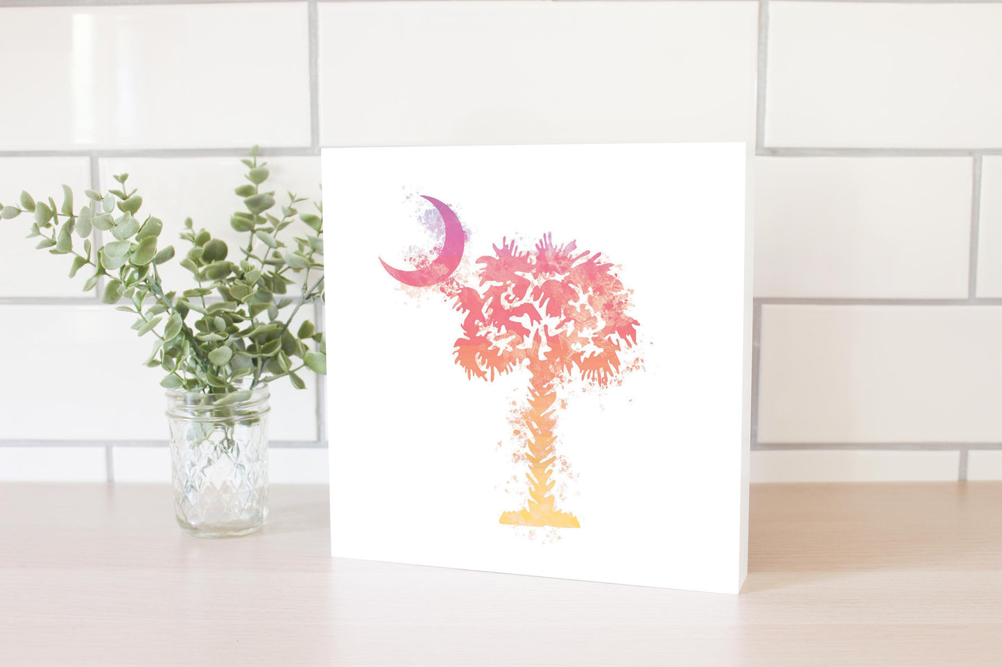 South Carolina Pink Water Color Palm Trees On White | Wood Block | Eaches | Min 2