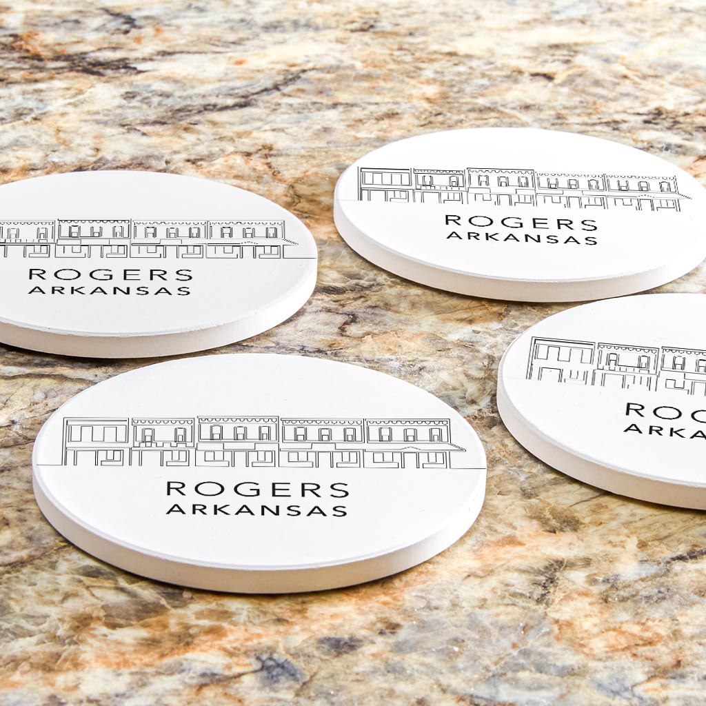 Minimalist B&W Arkansas Rogers Skyline State | Absorbent Coasters | Set of 4 | Min 2