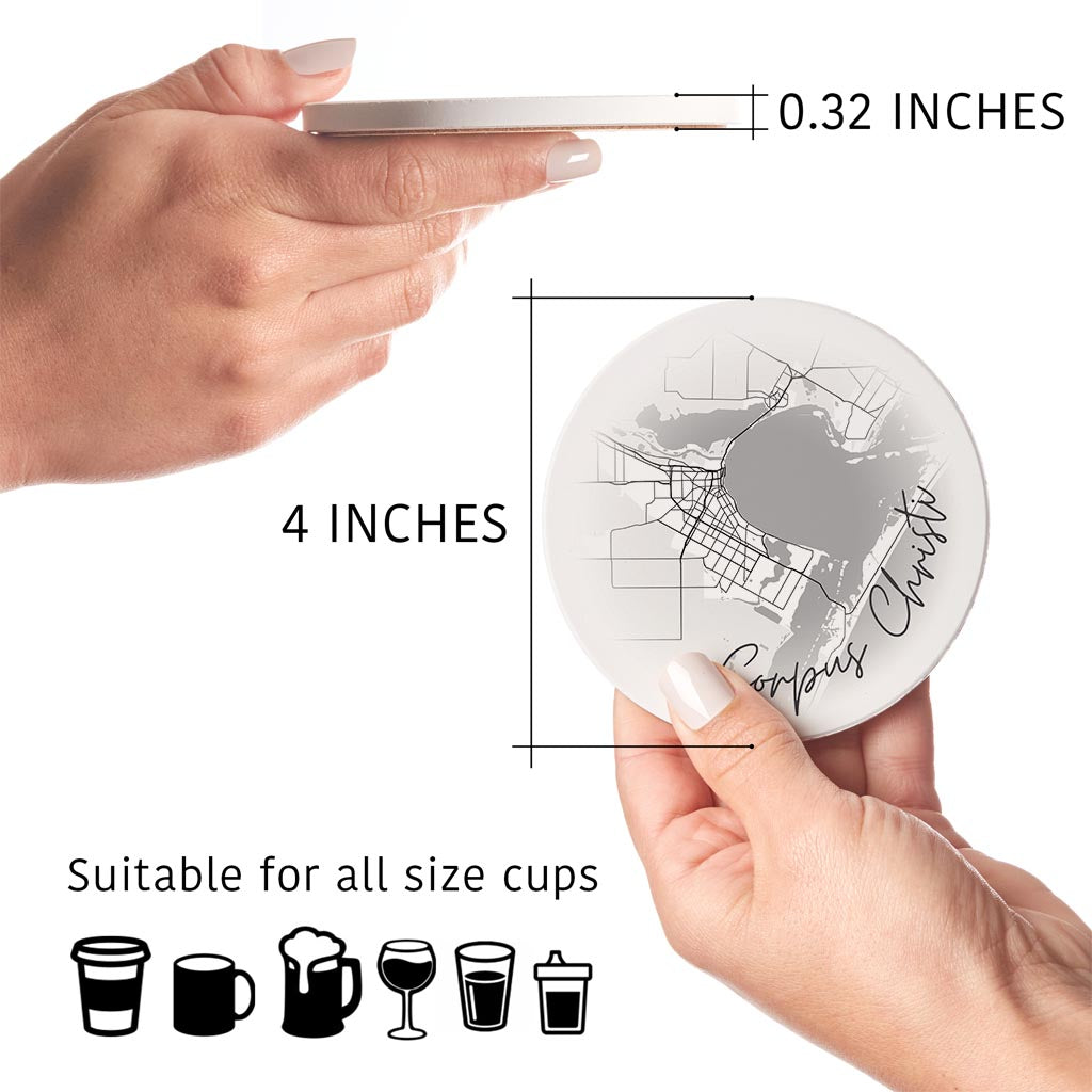 Minimalistic B&W Texas Corpus Christi Circle Map | Absorbent Coasters | Set of 4 | Min 2