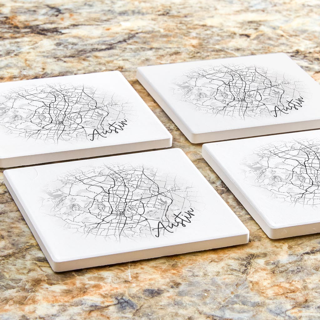 Minimalistic B&W Texas Austin Circle Map| Absorbent Coasters | Set of 4 | Min 2