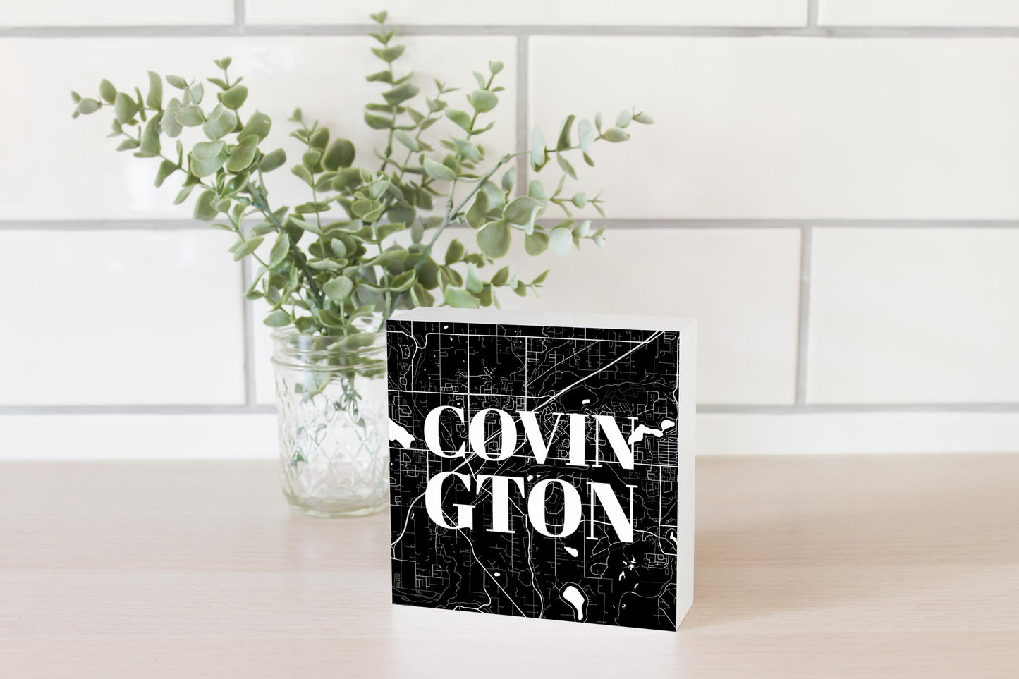 Minimalistic B&W Washington Covington Map | Wood Block | Eaches | Min 4