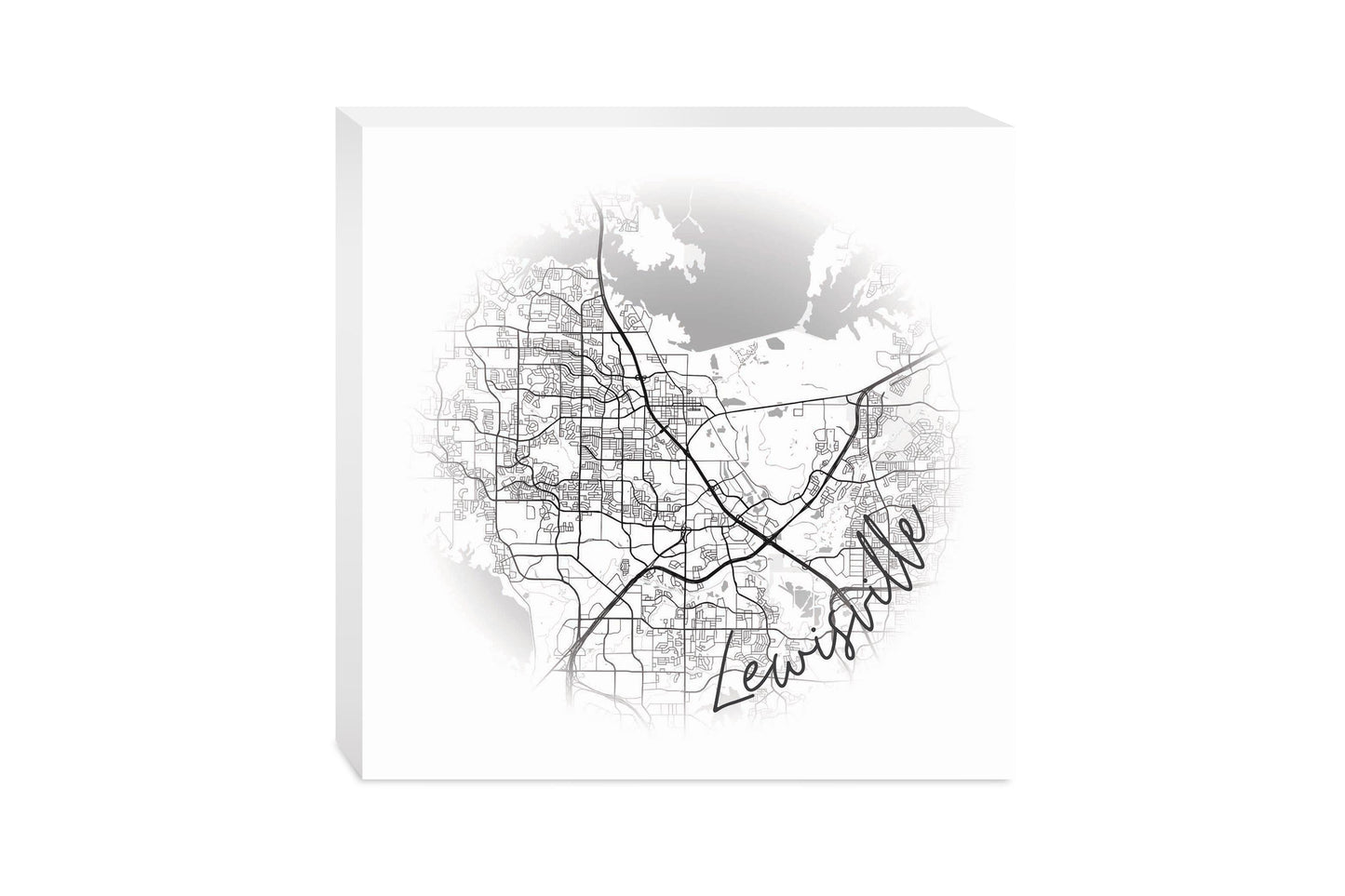 Minimalistic B&W Texas Lewisville Circle Map | Wood Block | Eaches | Min 2