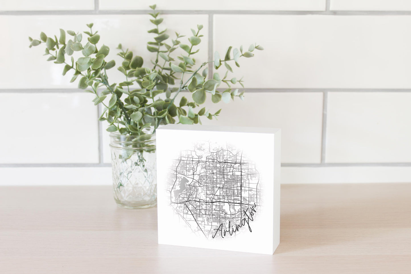 Minimalistic B&W Texas Arlington Circle Map | Wood Block | Eaches | Min 4