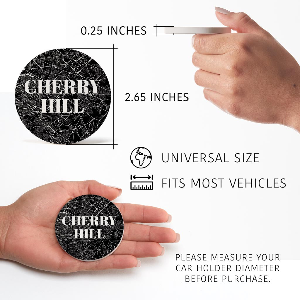 Minimalistic B&W New Jersey Cherry Hill Map | Absorbent Car Coasters | Set of 2 | Min 4