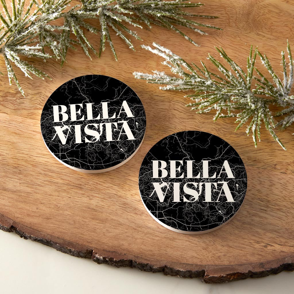 Minimalist B&W Arkansas Bella Vista Map | Absorbent Car Coasters | Set of 2 | Min 4