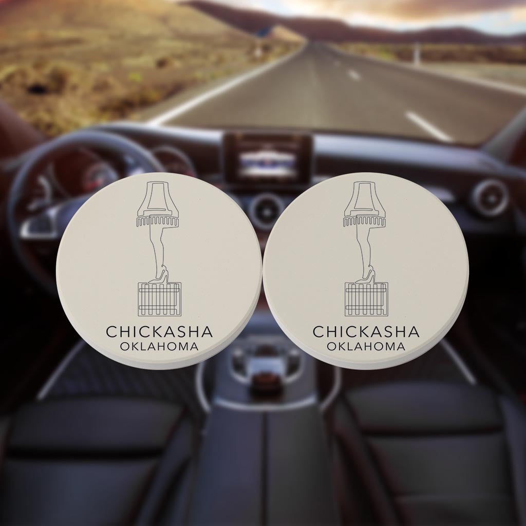 Modern Minimalist Oklahoma Chickasha Leg Lamp | Absorbent Car Coasters | Set of 2 | Min 4