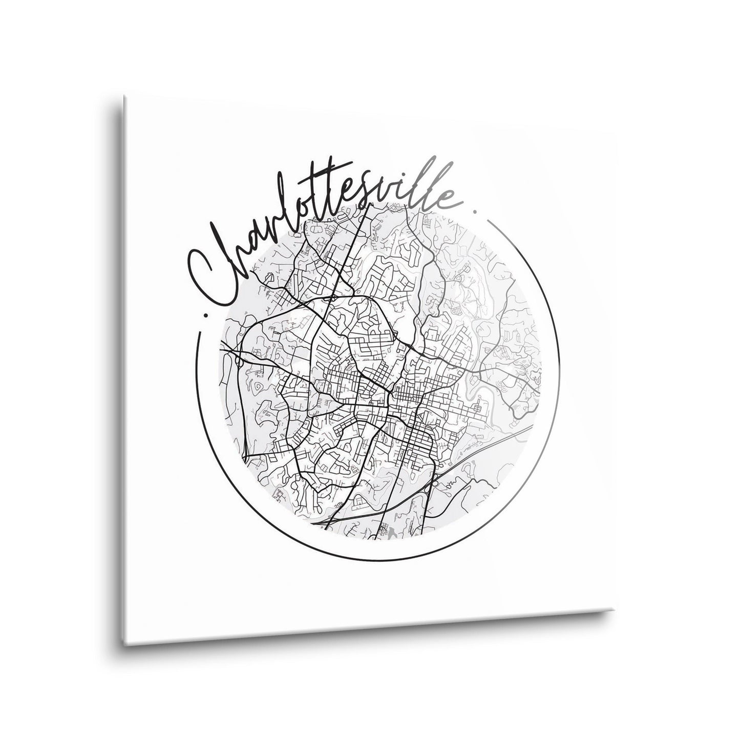 Minimalistic B&W Virginia Charlottesville Circle Map | Hi-Def Glass Art | Eaches | Min 2