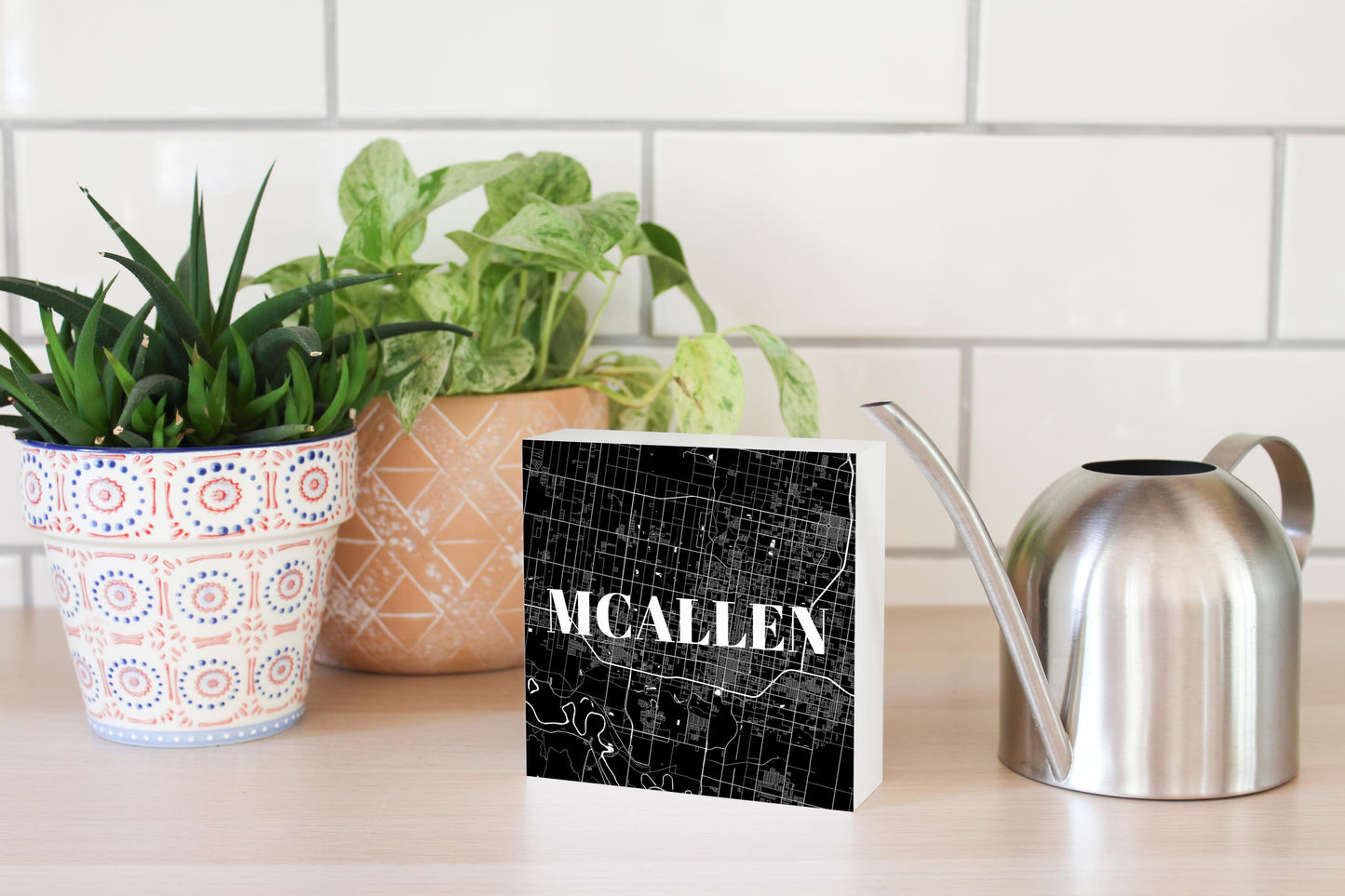 Minimalistic B&W Texas Mcallen Map | Wood Block | Eaches | Min 4