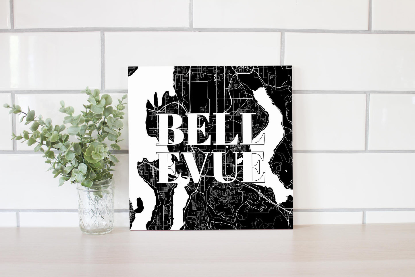 Minimalistic B&W Washington Bellevue Map | Wood Sign | Eaches | Min 2
