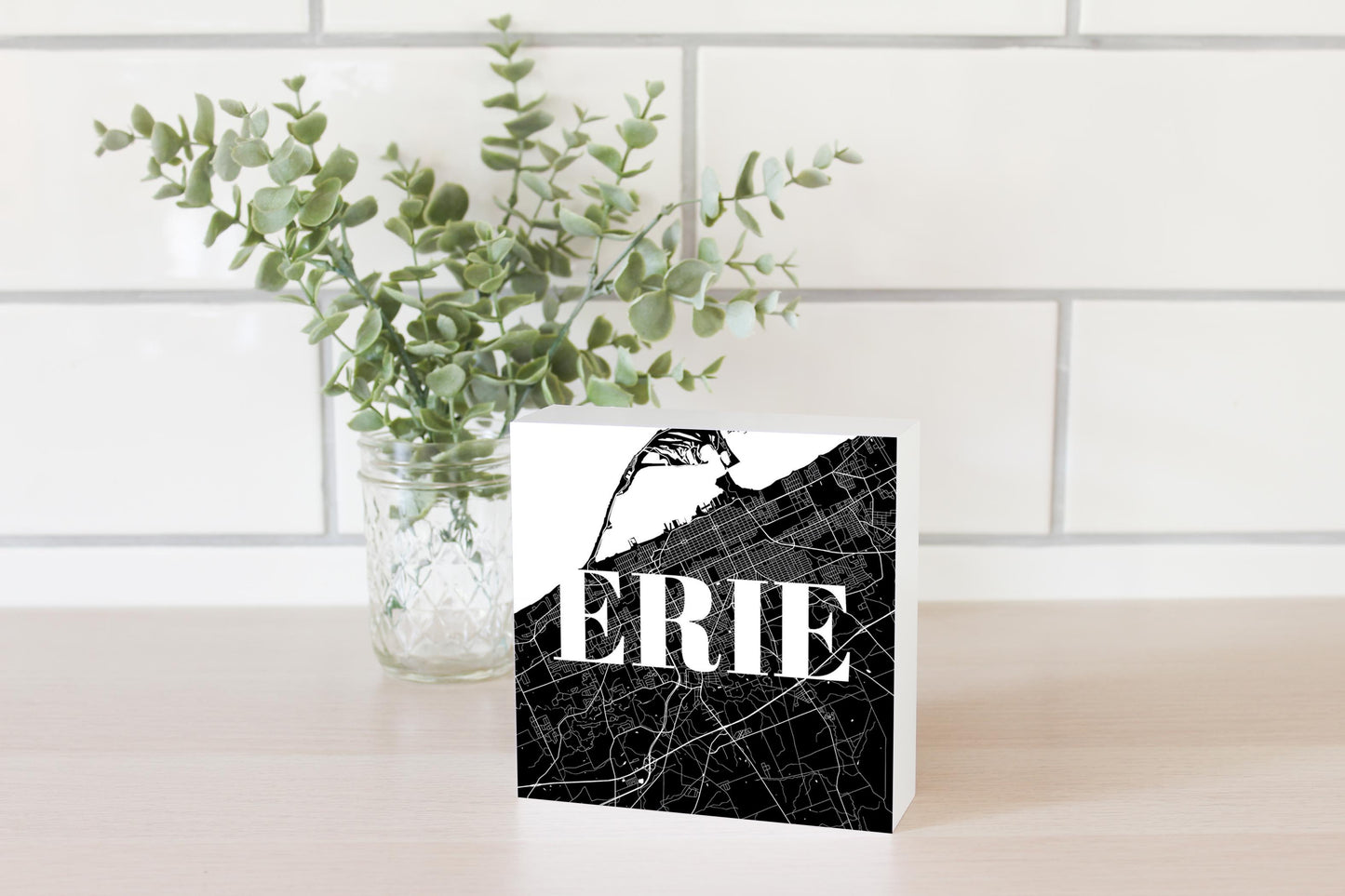 Minimalistic B&W Pennsylvania Erie Map | Wood Block | Eaches | Min 4