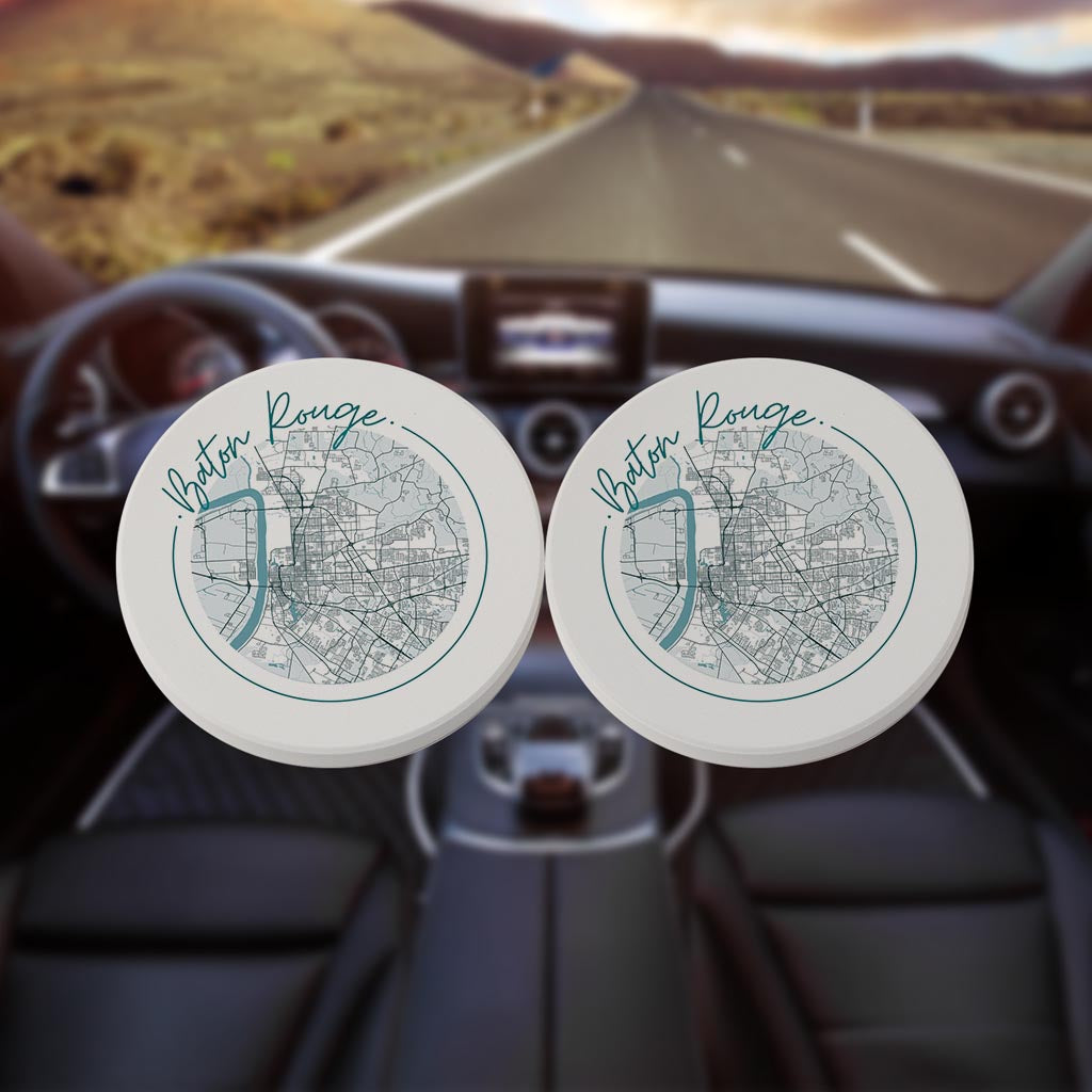 Blue White Baton Rouge Circle Map| Absorbent Car Coasters | Set of 2 | Min 4