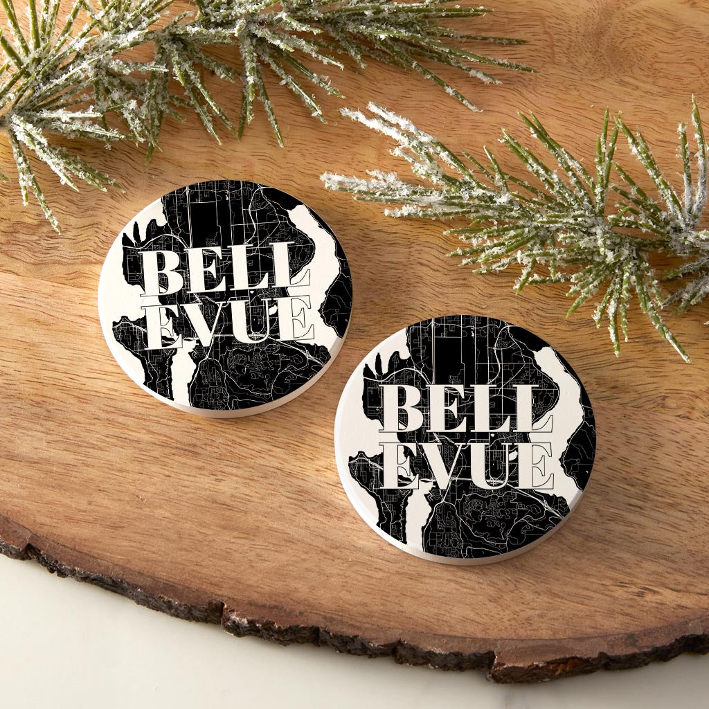 Minimalistic B&W Washington Bellevue Map| Absorbent Car Coasters | Set of 2 | Min 4