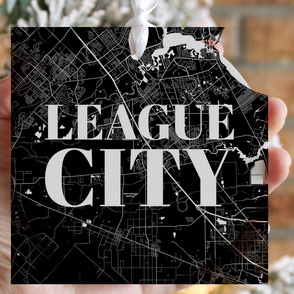 Minimalistic B&W Texas League City Map | Wood Ornament | Eaches | Min 6