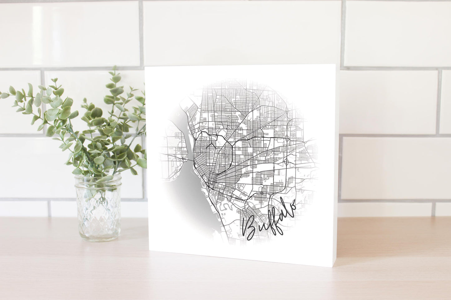 Minimalistic B&W New York Buffalo Faded Circle Map | Wood Block | Eaches | Min 2