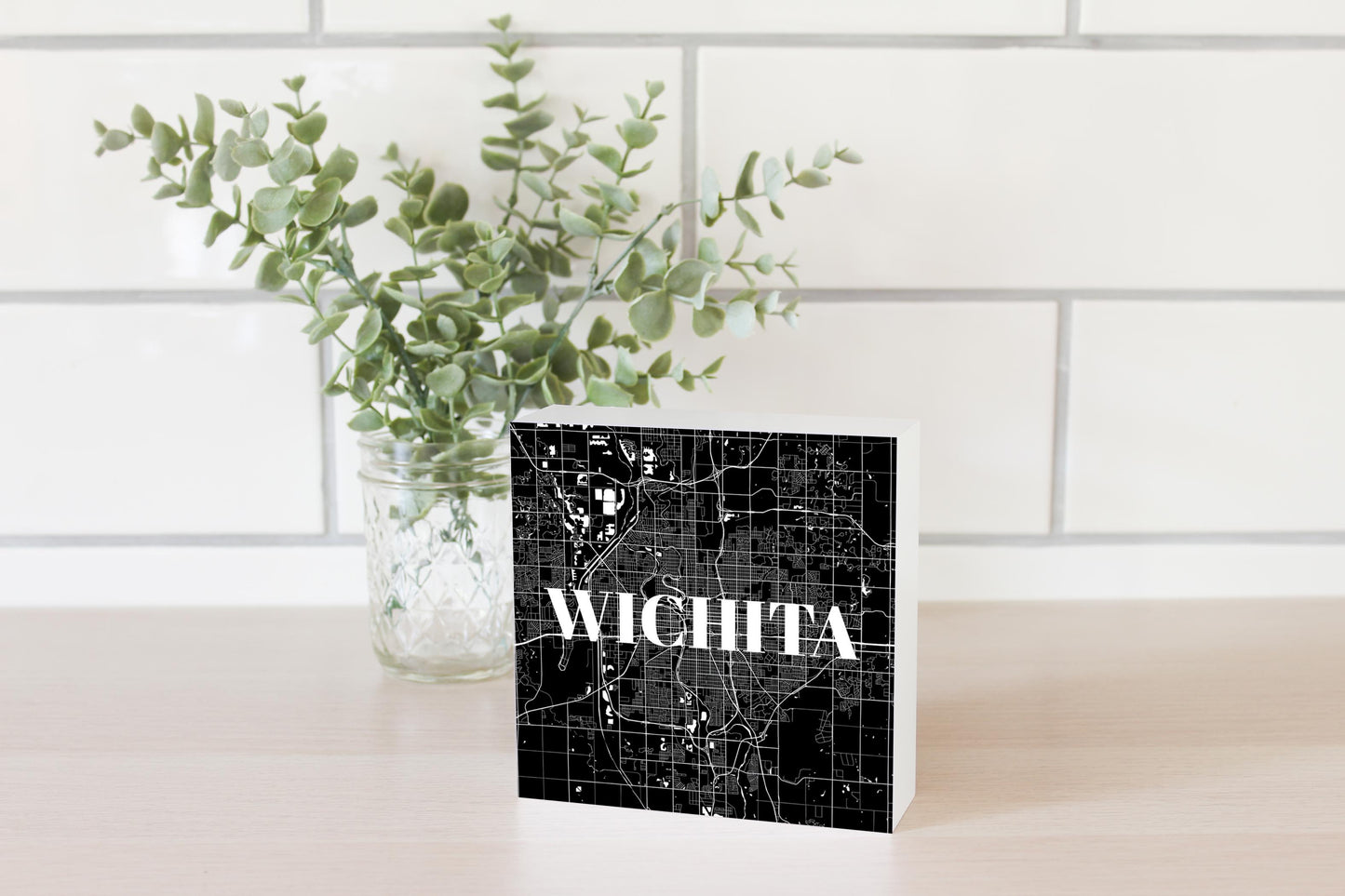 Minimalist B&W Kansas Wichita Map | Wood Block | Eaches | Min 4