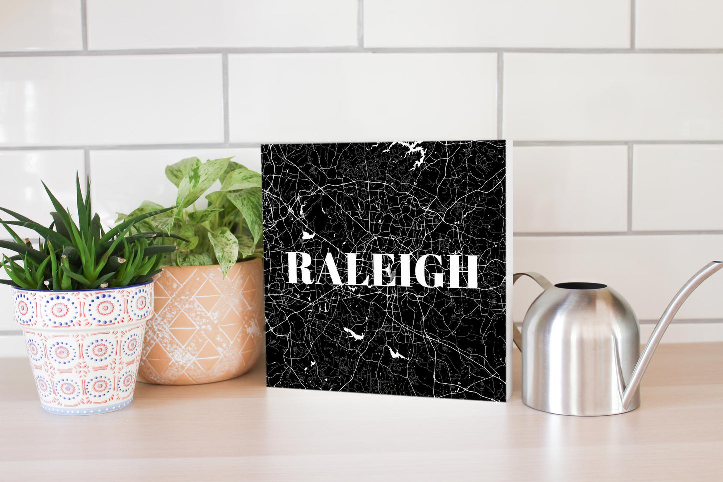 Minimalistic B&W North Carolina Raleigh Map | Wood Block | Eaches | Min 2