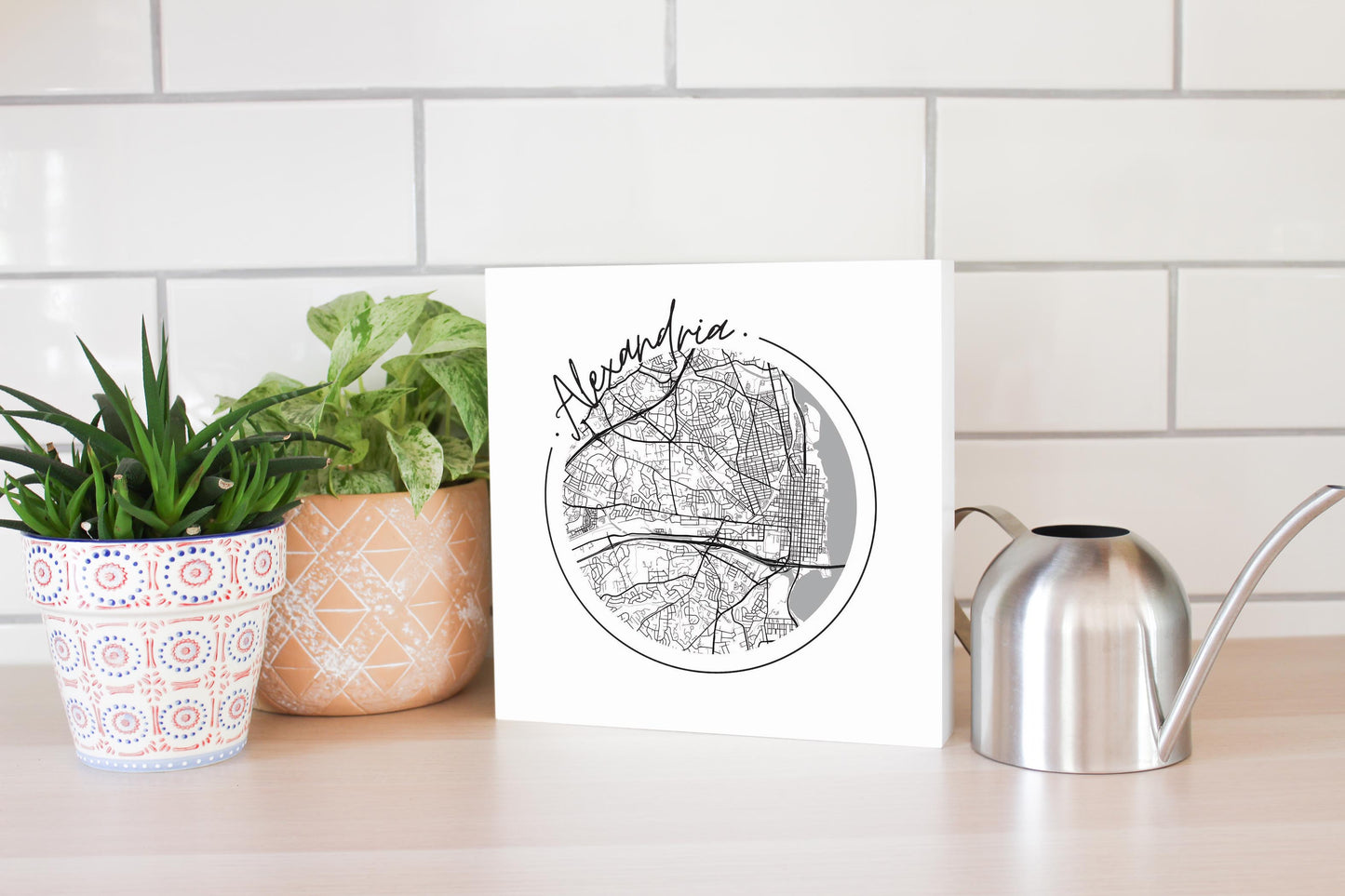 Minimalistic B&W Virginia Alexandria Circle Map | Wood Block | Eaches | Min 2