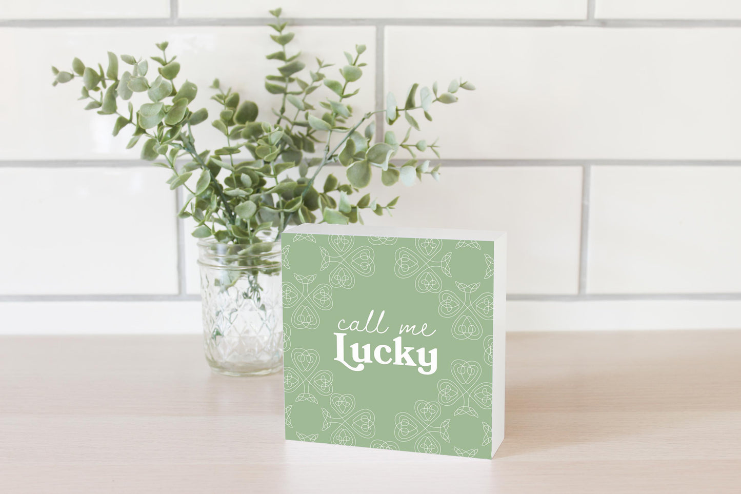 Sage Green Shamrock Call Me Lucky | Wood Block | Eaches | Min 4