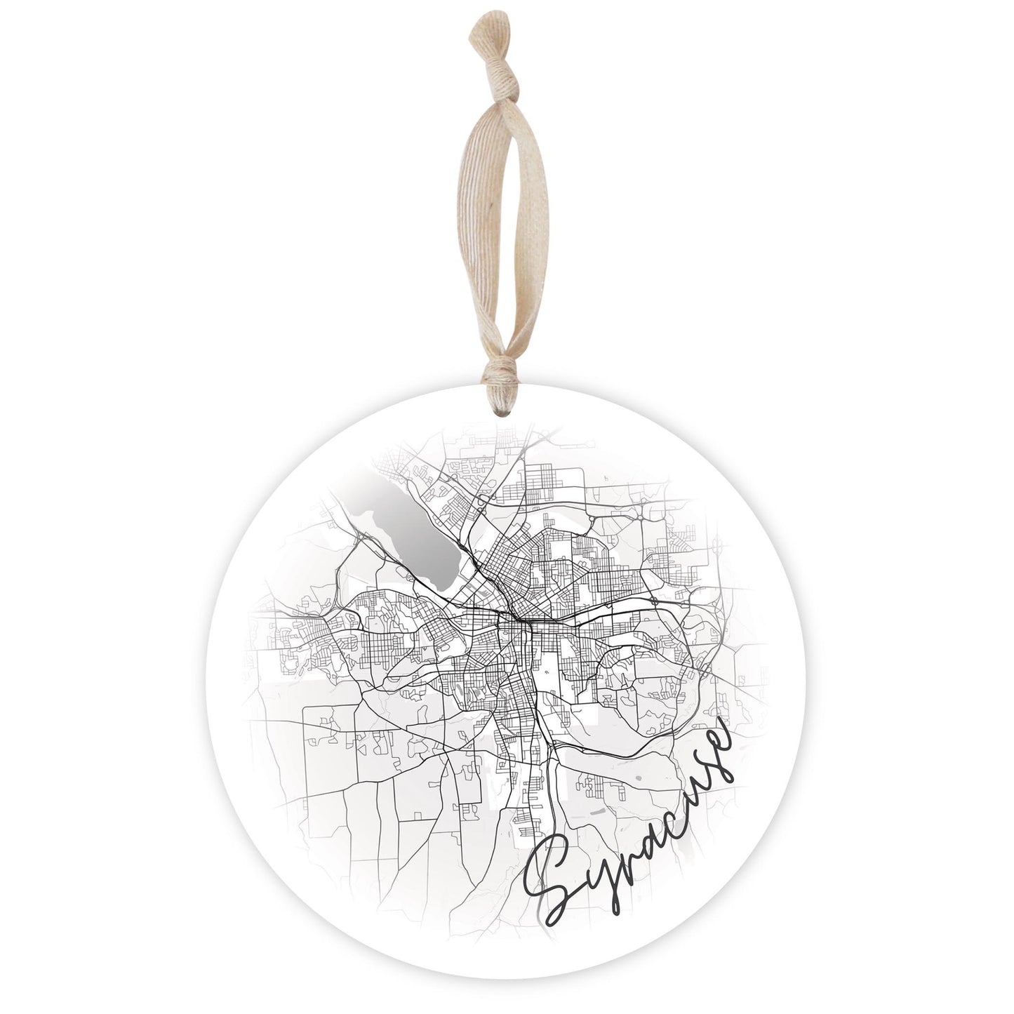 Minimalistic B&W New York Syracuse Faded Circle Map | Wood Ornament | Eaches | Min 1