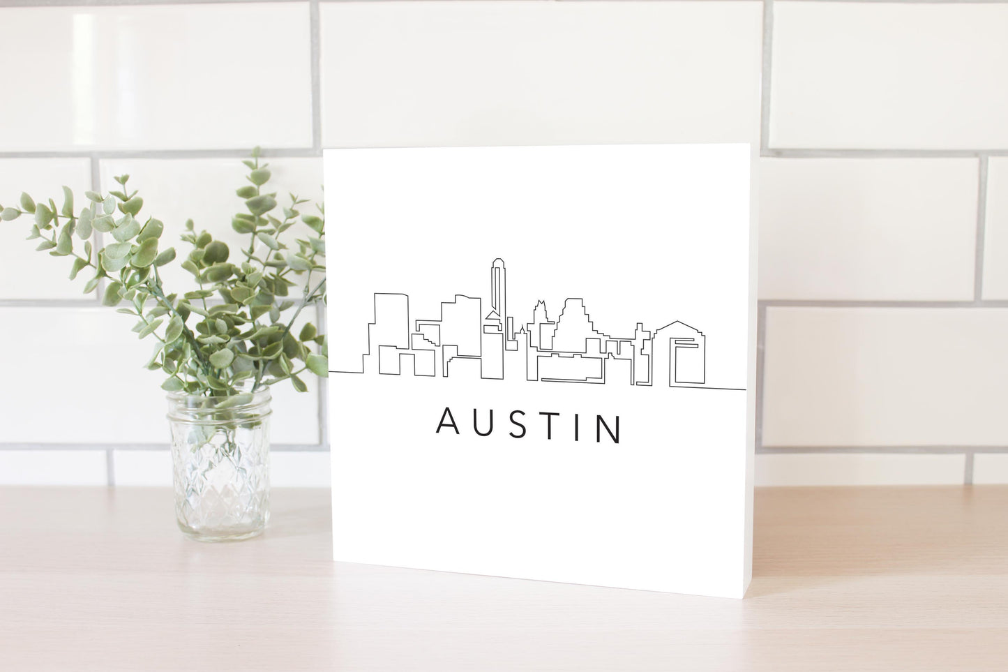 Minimalist B&W Texas Austin Skyline | Wood Block | Eaches | Min 2
