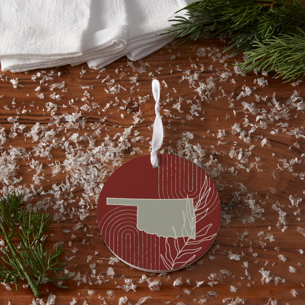 Modern Minimalist Oklahoma State Shape With Leaf| Wood Ornament | Eaches | Min 6