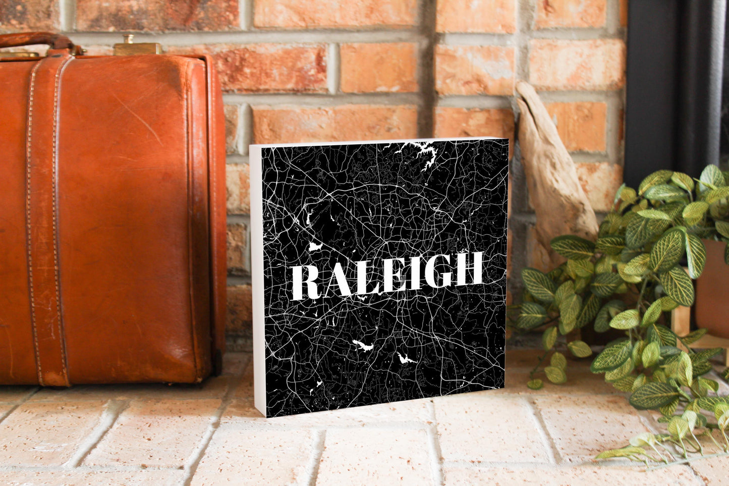 Minimalistic B&W North Carolina Raleigh Map | Wood Block | Eaches | Min 2