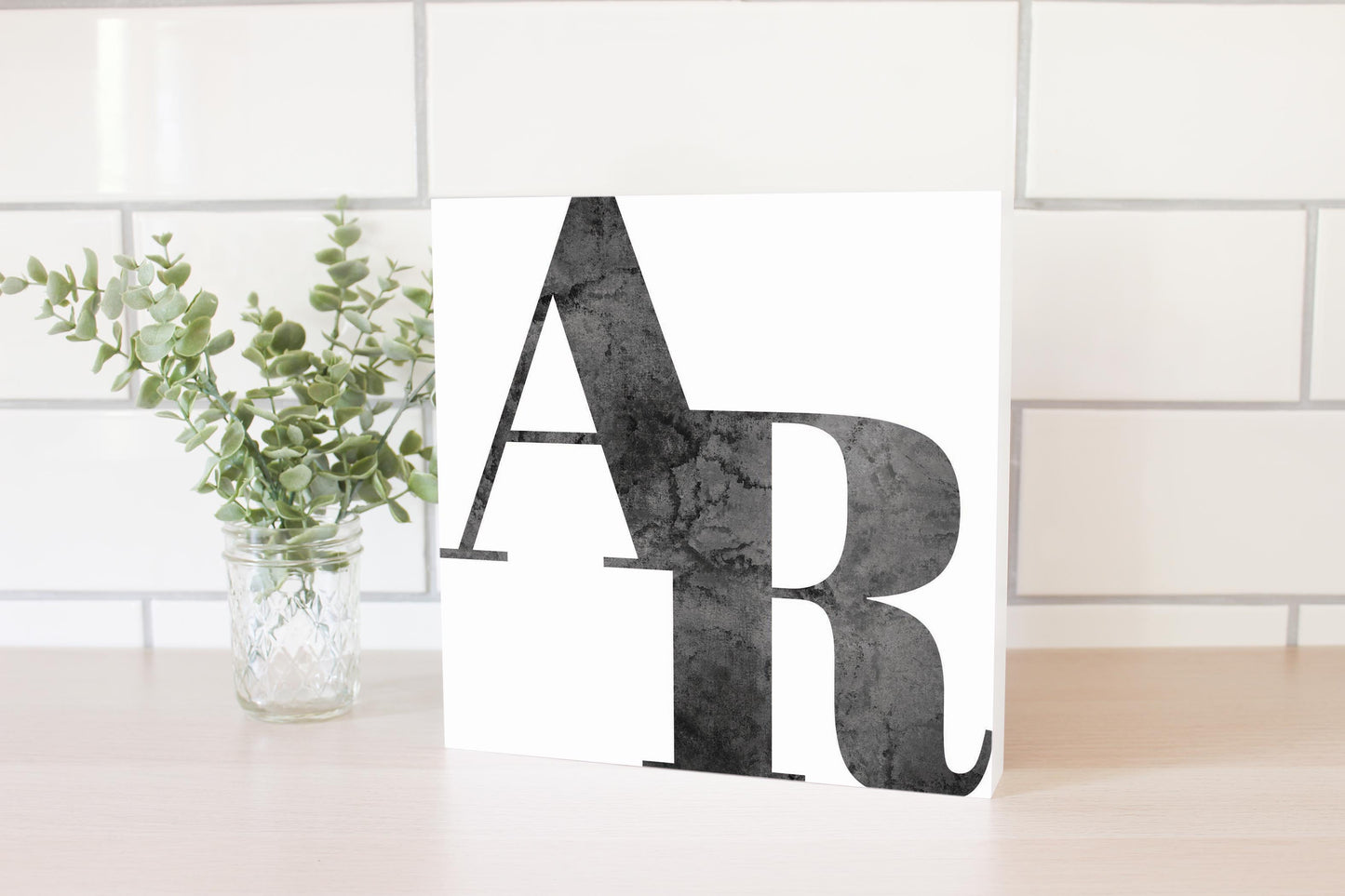 B&W Minimalist Arkansas White Initials | Wood Block | Eaches | Min 2