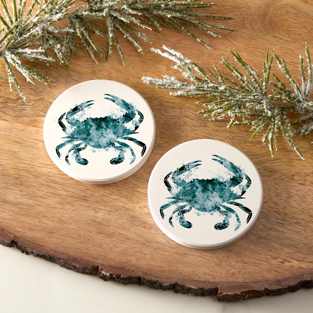 Blue White Water Color Blue Crab | Absorbent Car Coasters | Set of 2 | Min 4
