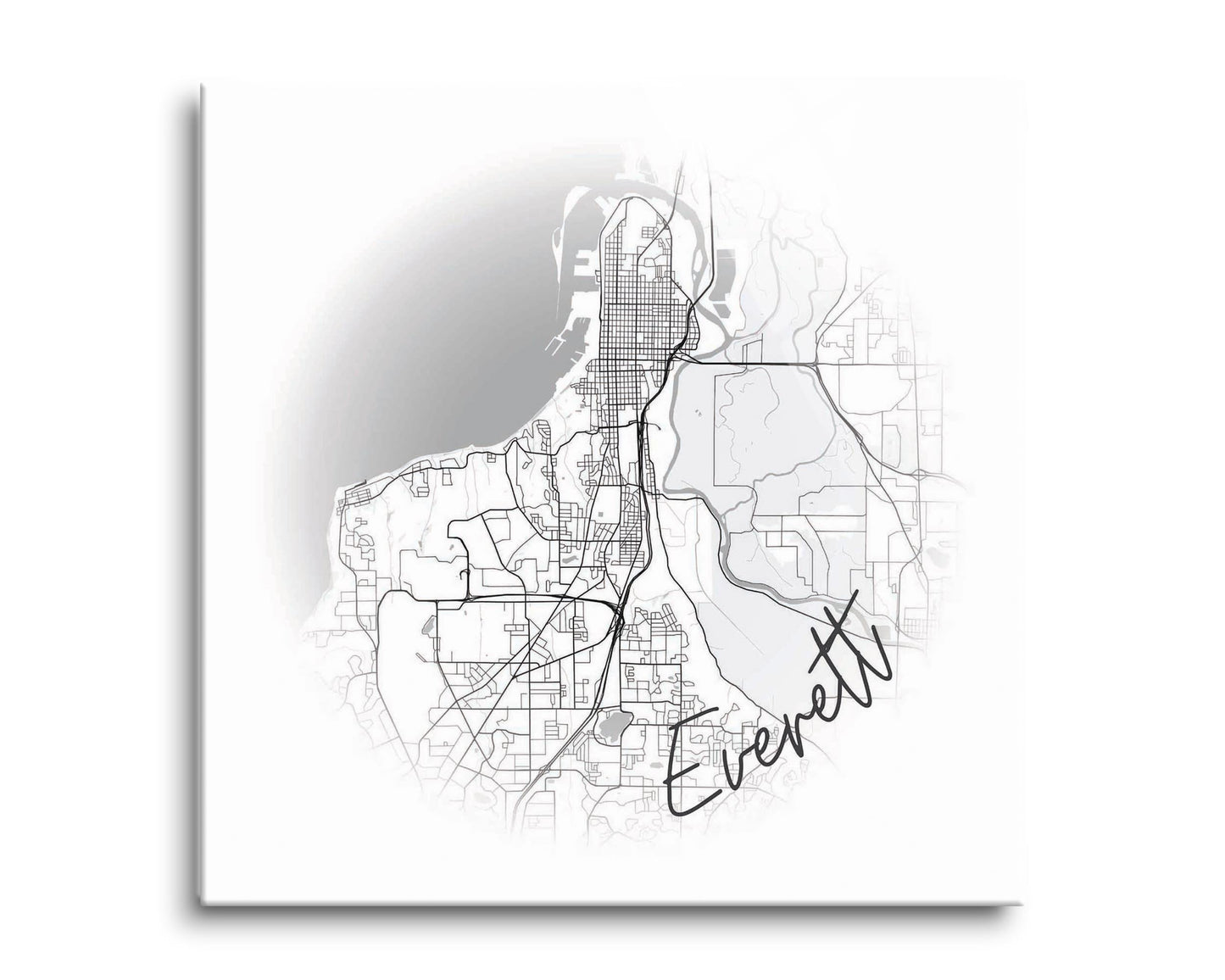 Minimalistic B&W Washington Everett Circle Map | Hi-Def Glass Art | Eaches | Min 2