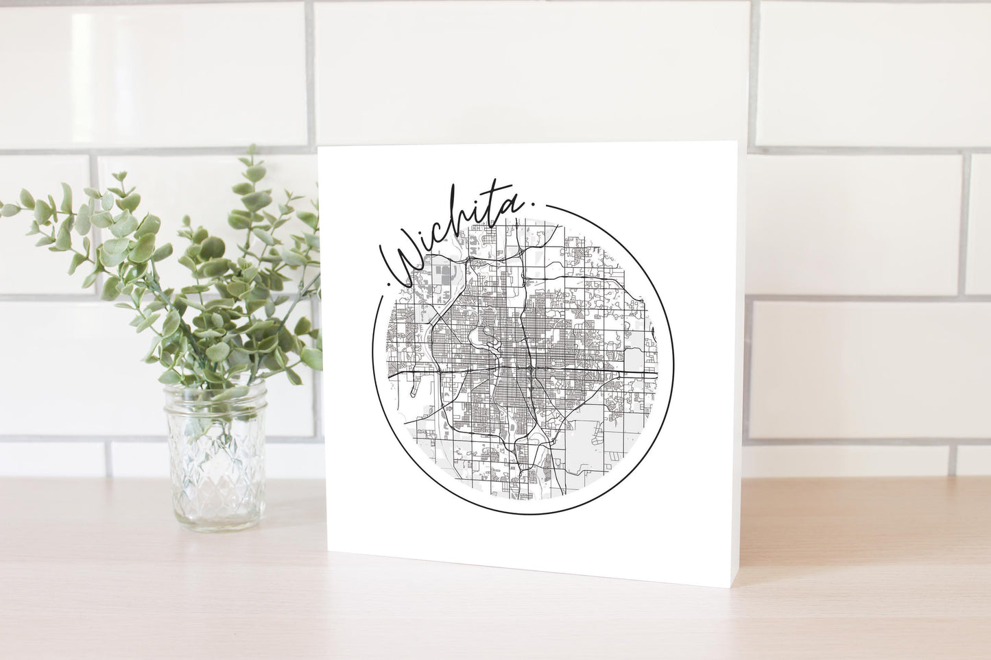 Minimalist B&W Kansas Wichita Circle Map | Wood Block | Eaches | Min 2