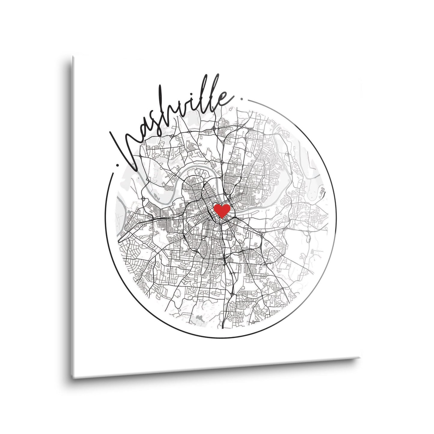 Minimalist B&W Tennessee Nashville Circle Map Heart | Hi-Def Glass Art | Eaches | Min 1