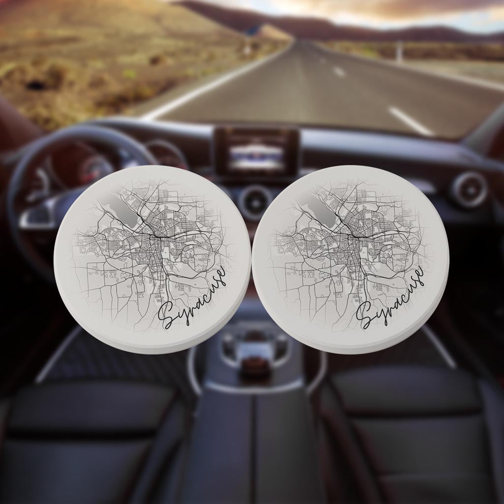 Minimalistic B&W New York Syracuse Faded Circle Map | Absorbent Car Coasters | Set of 2 | Min 4